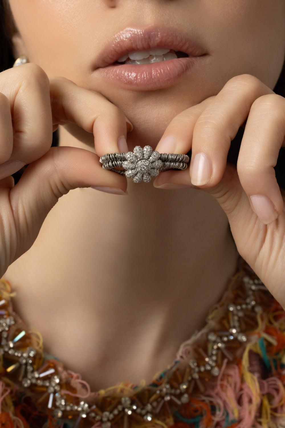 Diamond Daisy Two Row Margerita Stretch Ring-WHITE GOLD-7-JEWELRYFINE JEWELRING-ROBERTO DEMEGLIO