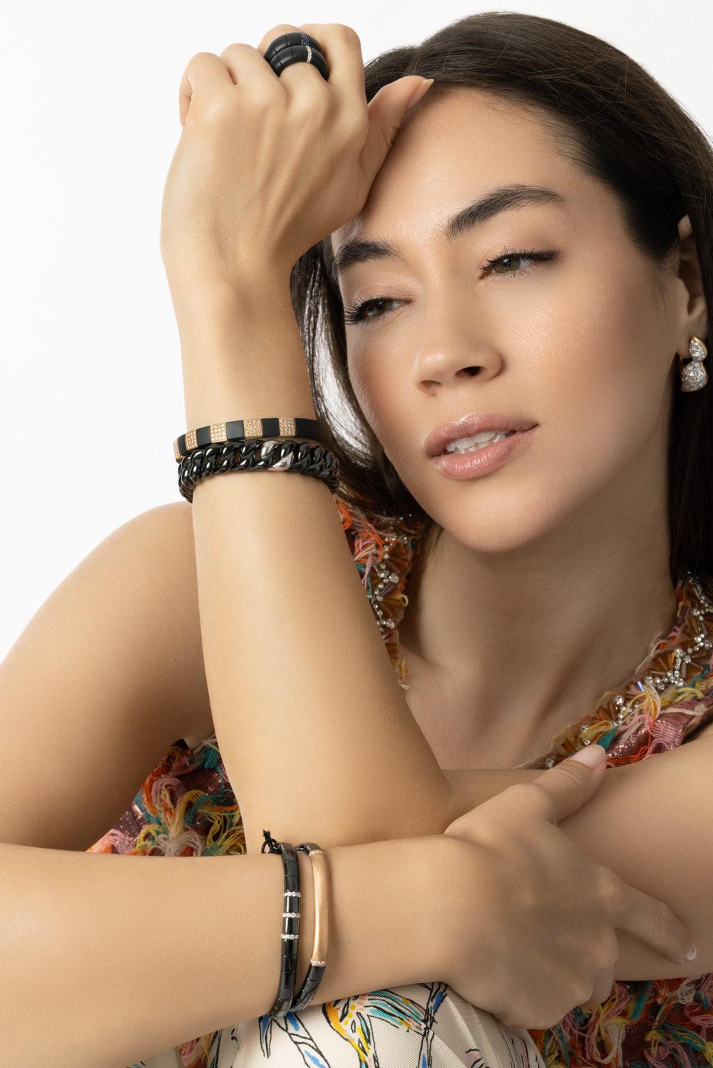 Diamond Bar Black Pura Stretch Bracelet-ROSE GOLD-JEWELRYFINE JEWELBRACELET O-ROBERTO DEMEGLIO