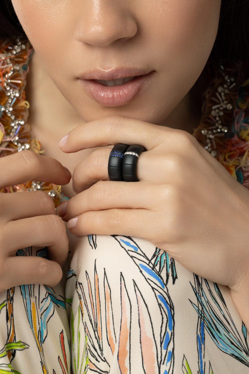 Diamond Section Matte Black Pura Stretch Ring-WHITE GOLD-8.5-JEWELRYFINE JEWELRING-ROBERTO DEMEGLIO