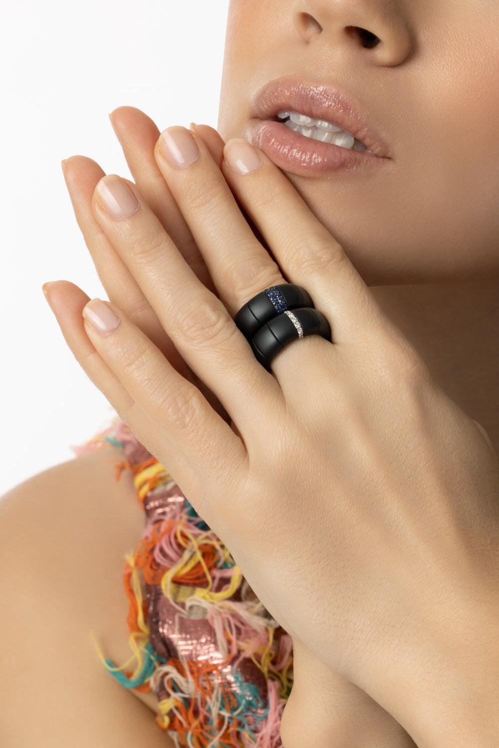 Diamond Section Matte Black Pura Stretch Ring-WHITE GOLD-8.5-JEWELRYFINE JEWELRING-ROBERTO DEMEGLIO