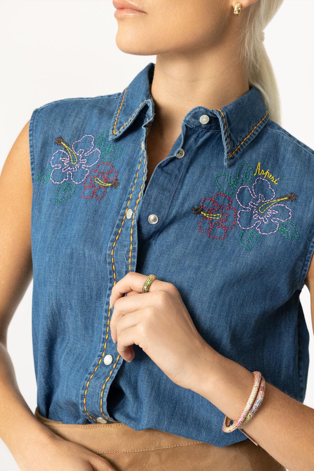 Sleeveless Embroidered Top-DENIM-38-CLOTHINGTOPBLOUSE-ASPESI