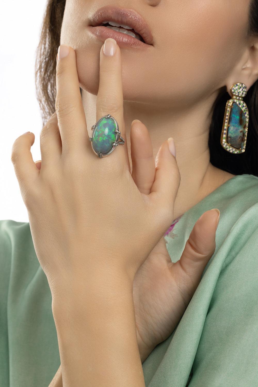 Black Opal G-One Big Ring-RHODIUM-6.75-JEWELRYFINE JEWELRING-GOSHWARA