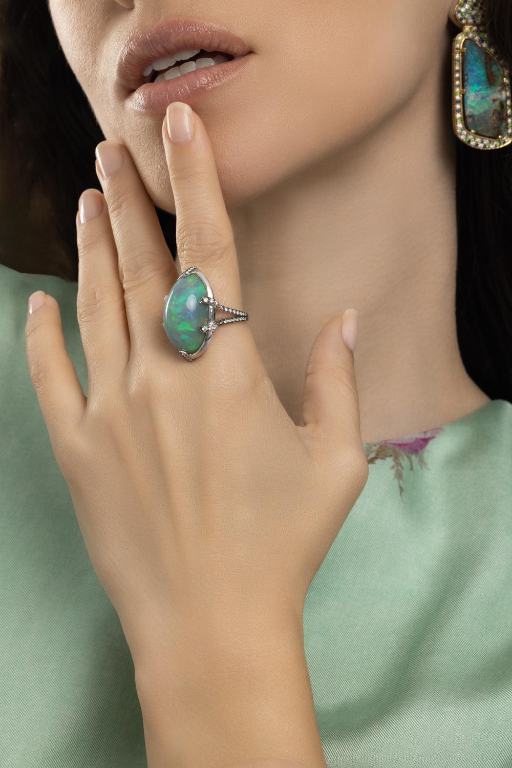 Black Opal G-One Big Ring-RHODIUM-6.75-JEWELRYFINE JEWELRING-GOSHWARA