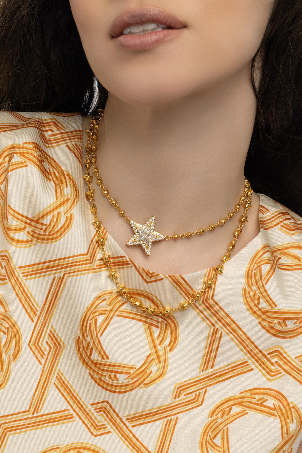 Golden Puffy Star Necklace-YELLOW GOLD-JEWELRYFINE JEWELNECKLACE O-BUDDHA MAMA