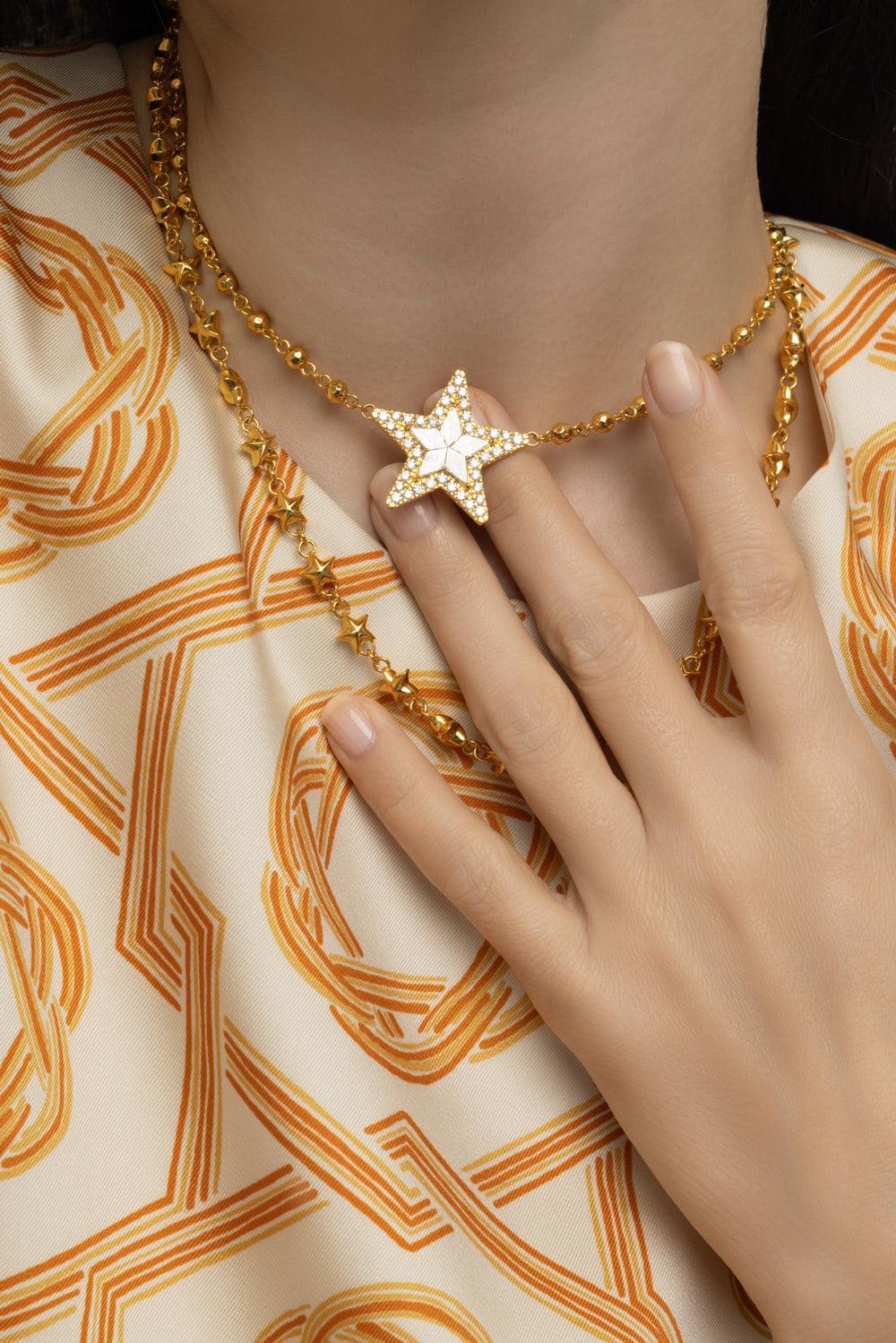 Golden Puffy Star Necklace-YELLOW GOLD-JEWELRYFINE JEWELNECKLACE O-BUDDHA MAMA