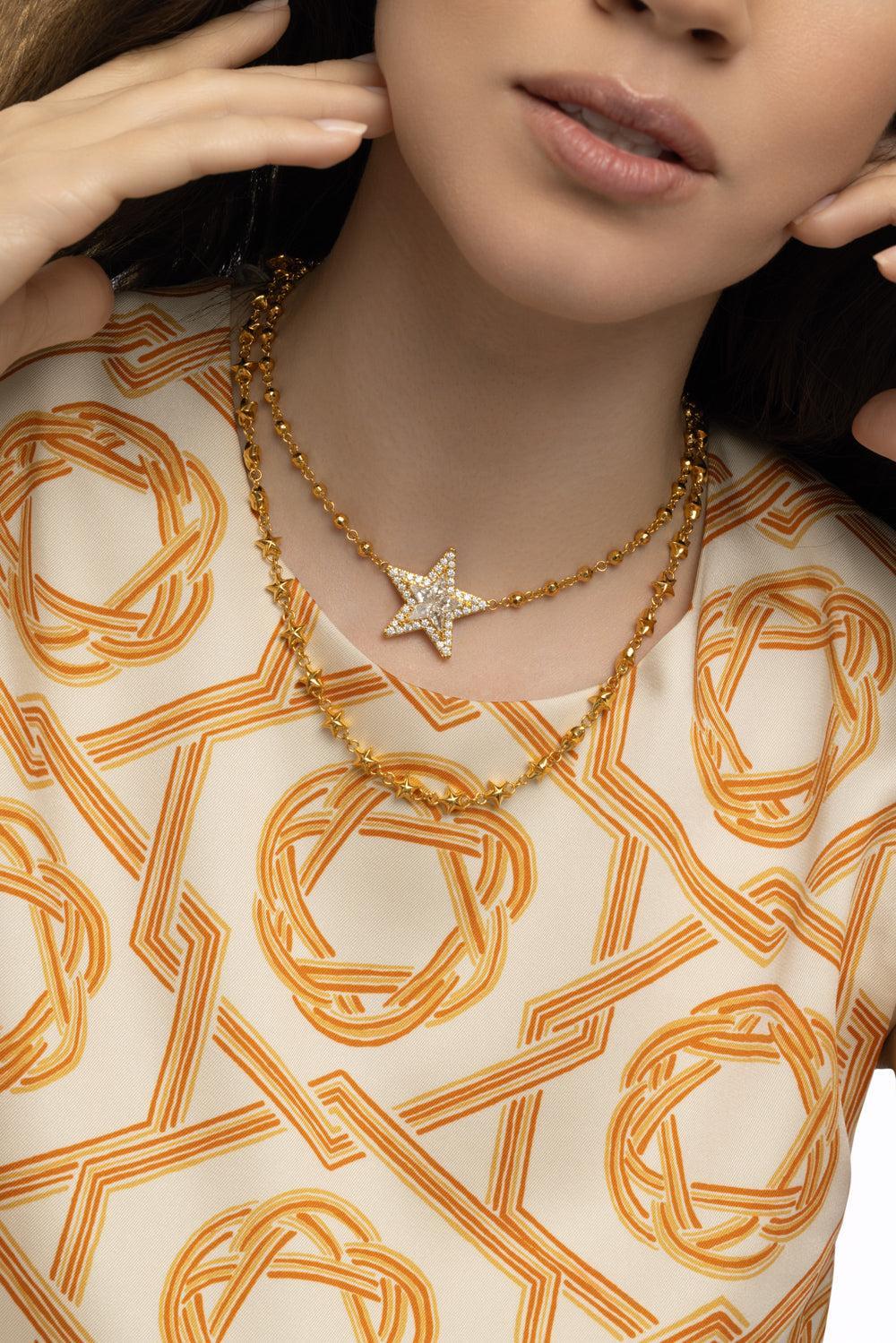 Golden Puffy Star Necklace-YELLOW GOLD-JEWELRYFINE JEWELNECKLACE O-BUDDHA MAMA