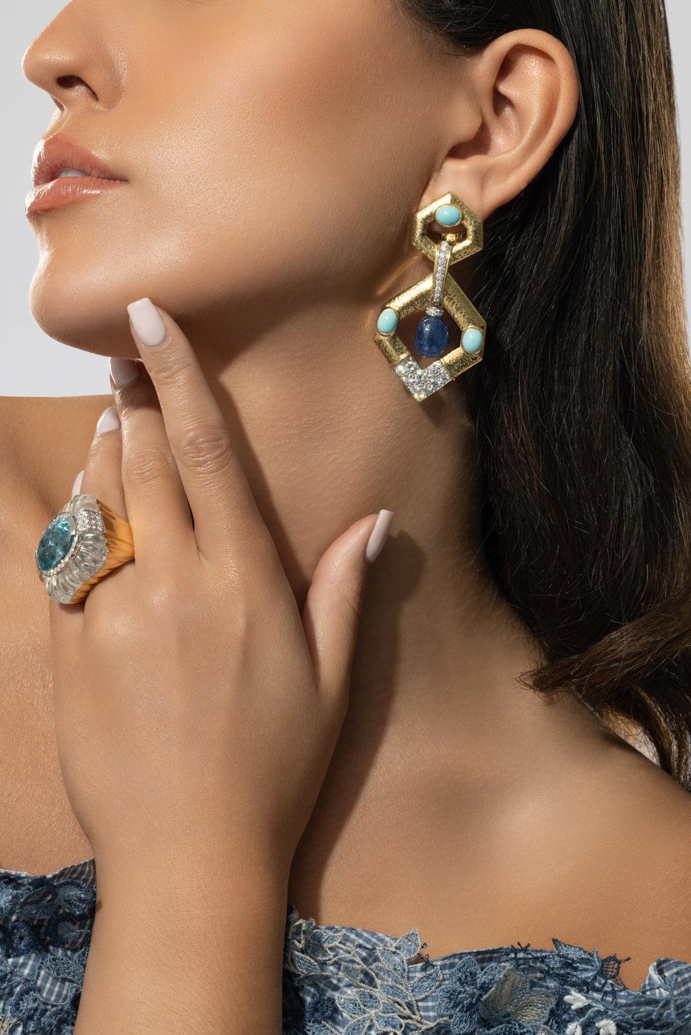 Sapphire V Inset Hexagonal Doorknocker Earrings-YELLOW GOLD-JEWELRYFINE JEWELEARRING-DAVID WEBB