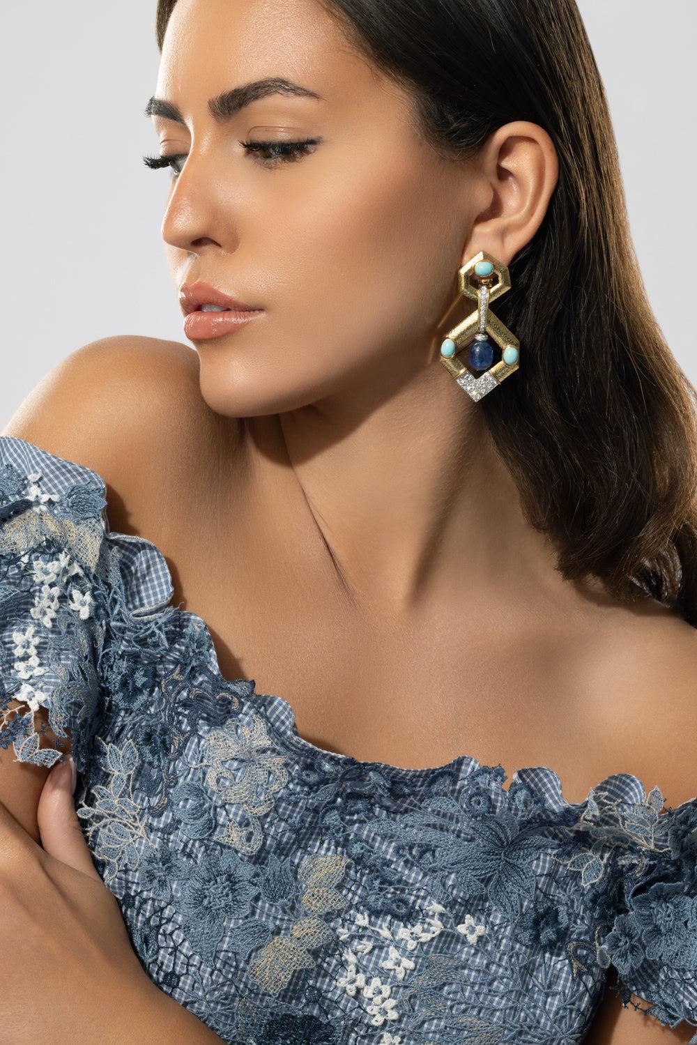 Sapphire V Inset Hexagonal Doorknocker Earrings-YELLOW GOLD-JEWELRYFINE JEWELEARRING-DAVID WEBB