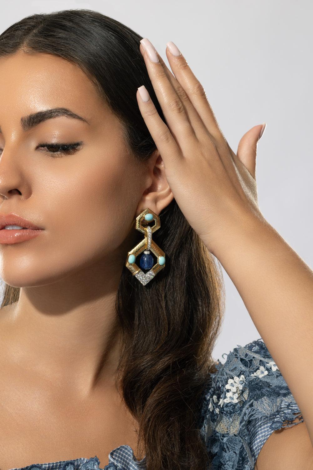 Sapphire V Inset Hexagonal Doorknocker Earrings-YELLOW GOLD-JEWELRYFINE JEWELEARRING-DAVID WEBB