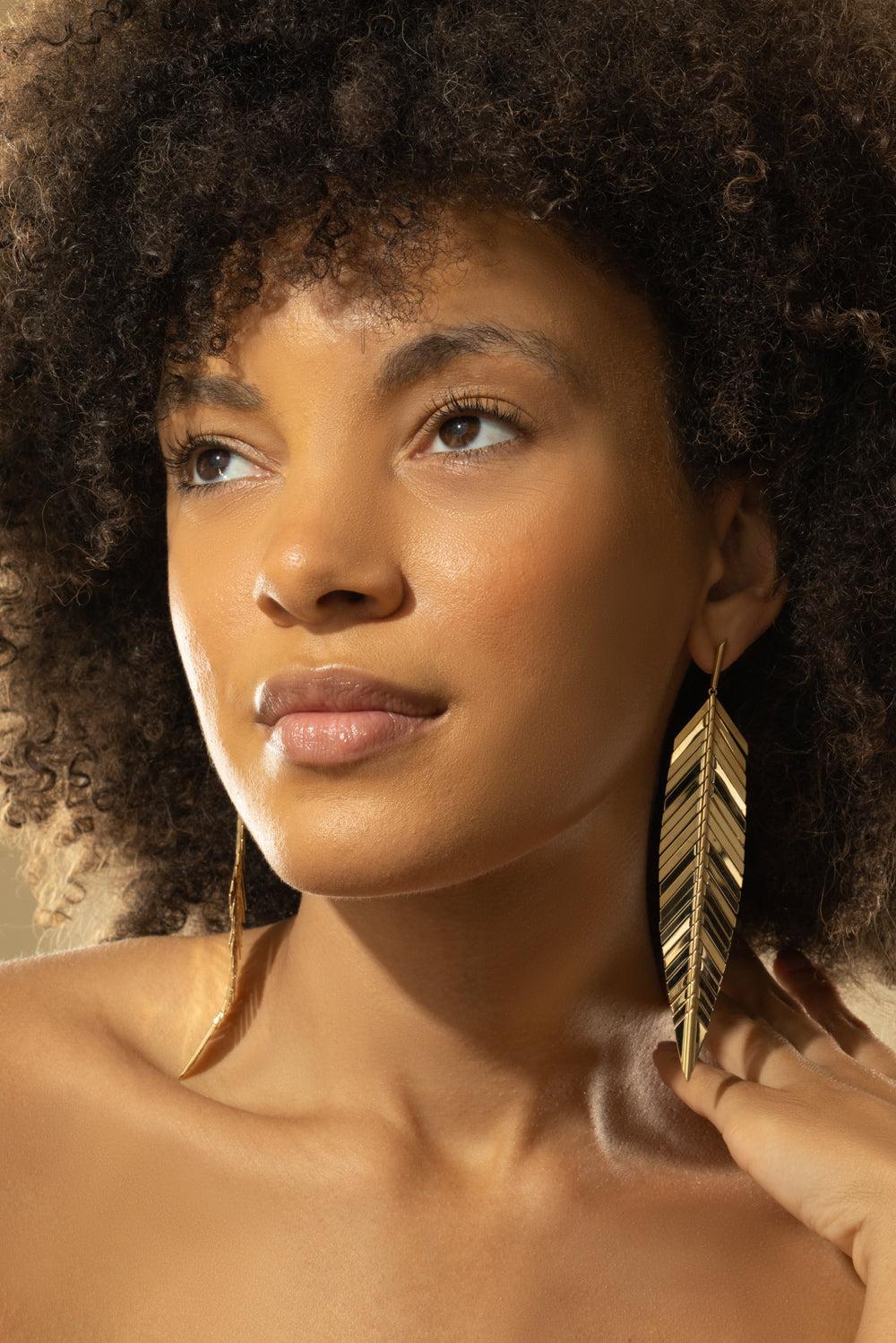 Large Yellow Gold Feather Drop Earrings-YELLOW GOLD-JEWELRYFINE JEWELEARRING-CADAR