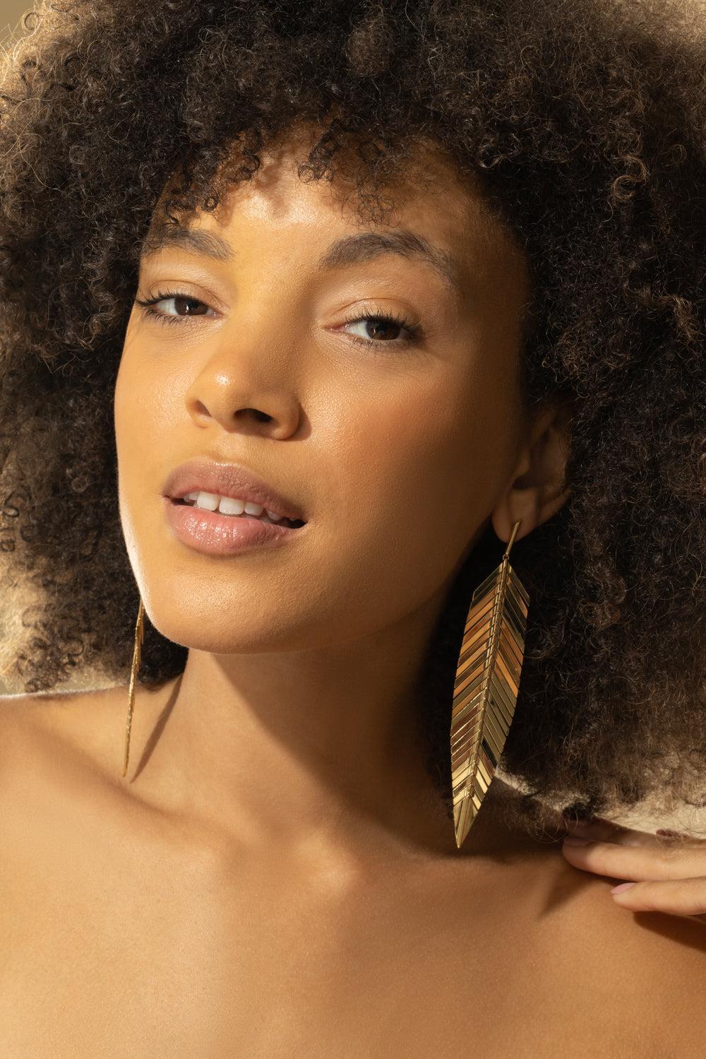 Large Yellow Gold Feather Drop Earrings-YELLOW GOLD-JEWELRYFINE JEWELEARRING-CADAR