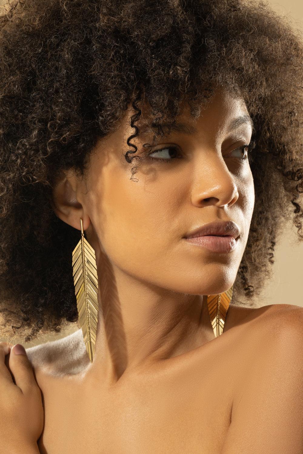 Large Yellow Gold Feather Drop Earrings-YELLOW GOLD-JEWELRYFINE JEWELEARRING-CADAR