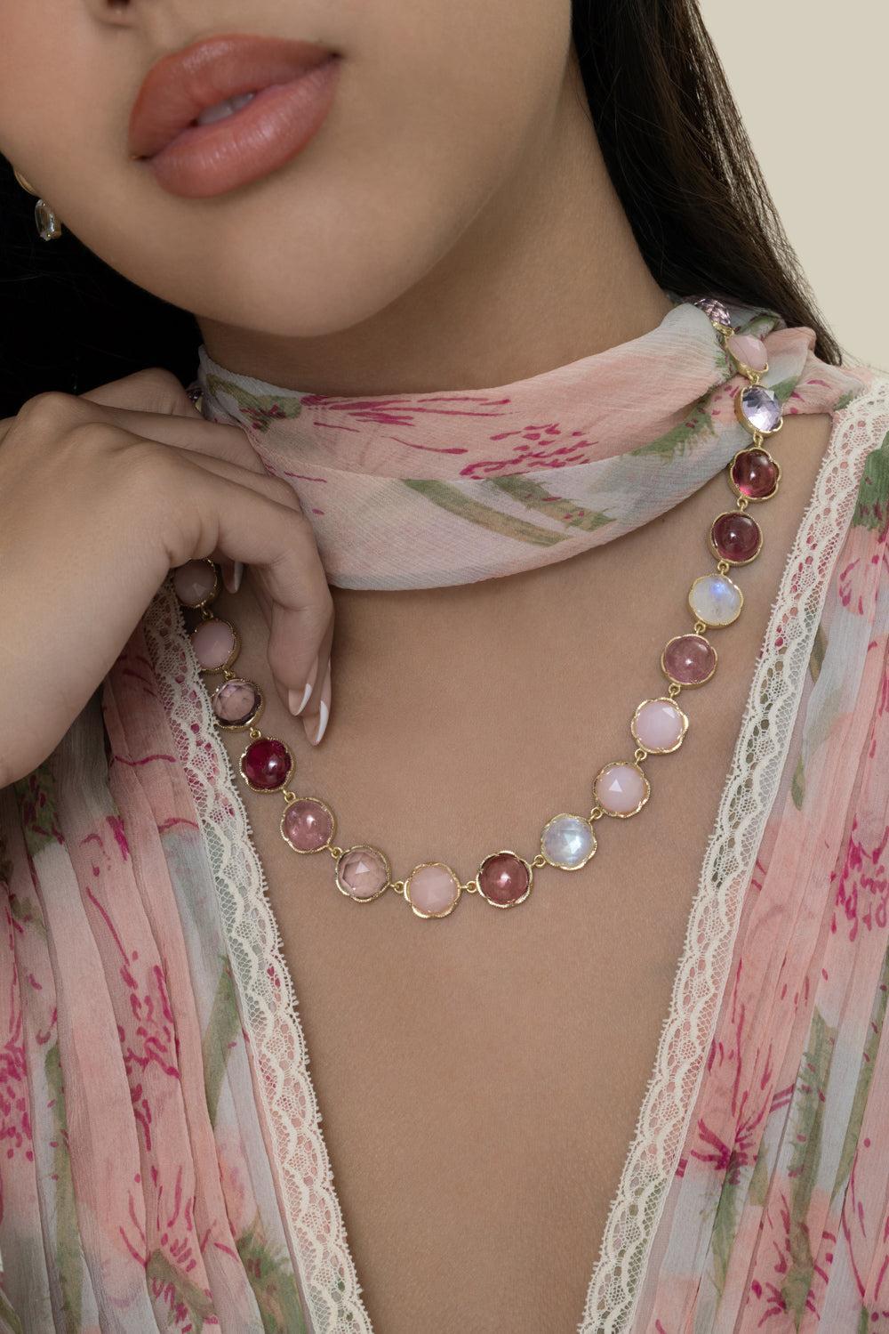 Pink Tourmaline Opal Moonstone Classic Necklace-YELLOW GOLD-18-JEWELRYFINE JEWELNECKLACE O-IRENE NEUWIRTH JEWELRY