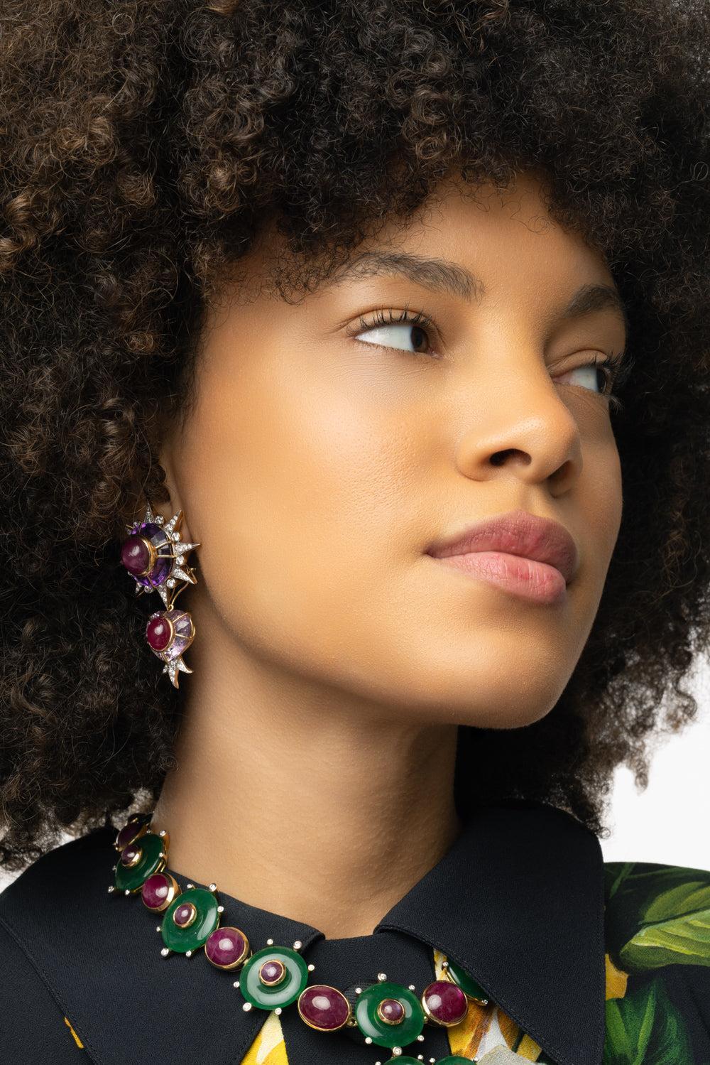 Amethyst Diamond Heart Drop Earrings-YELLOW GOLD-JEWELRYFINE JEWELEARRING-TONY DUQUETTE