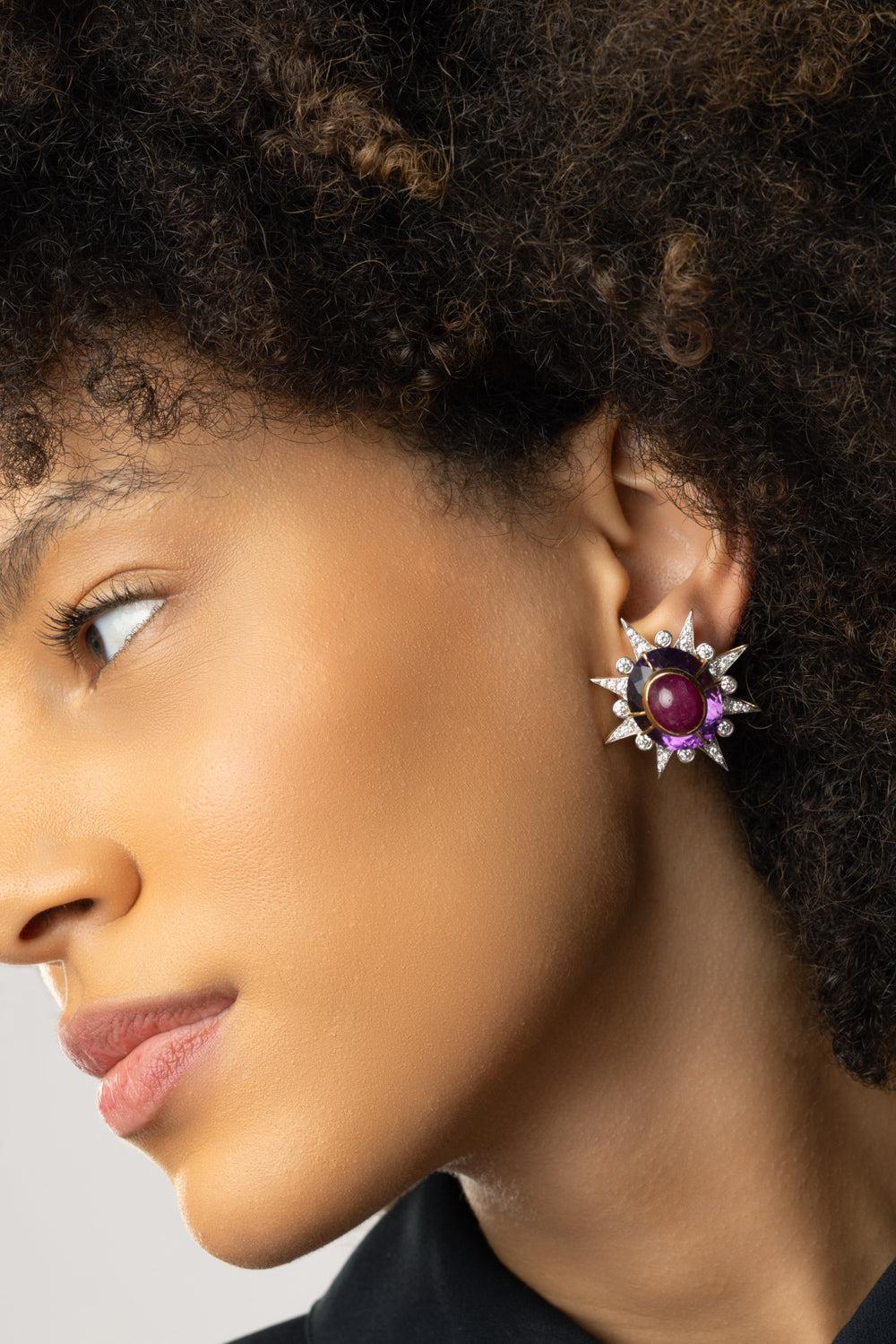 Amethyst Diamond Heart Drop Earrings-YELLOW GOLD-JEWELRYFINE JEWELEARRING-TONY DUQUETTE