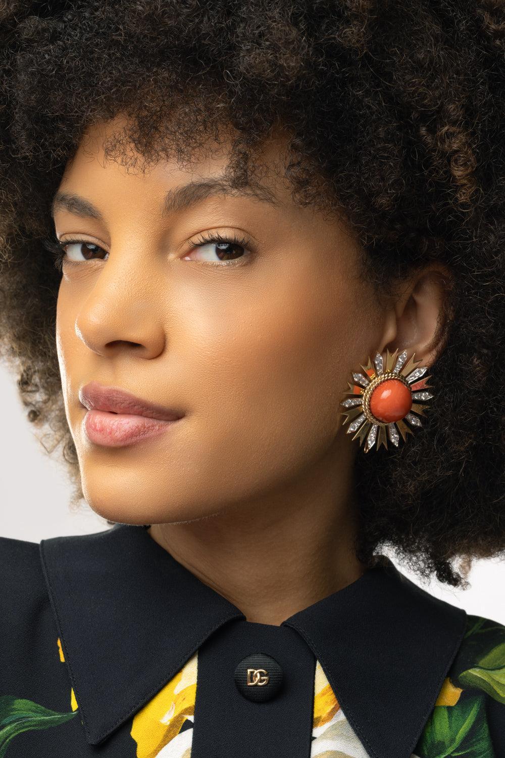 Coral Diamond Fan Earrings-YELLOW GOLD-JEWELRYFINE JEWELEARRING-TONY DUQUETTE