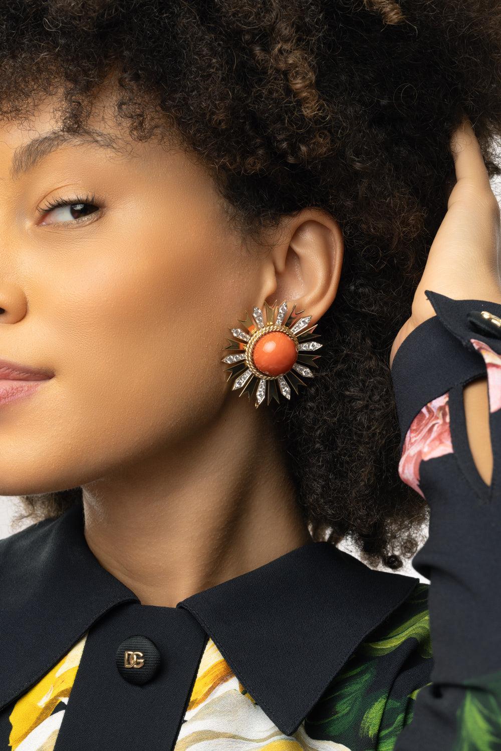 Coral Diamond Fan Earrings-YELLOW GOLD-JEWELRYFINE JEWELEARRING-TONY DUQUETTE