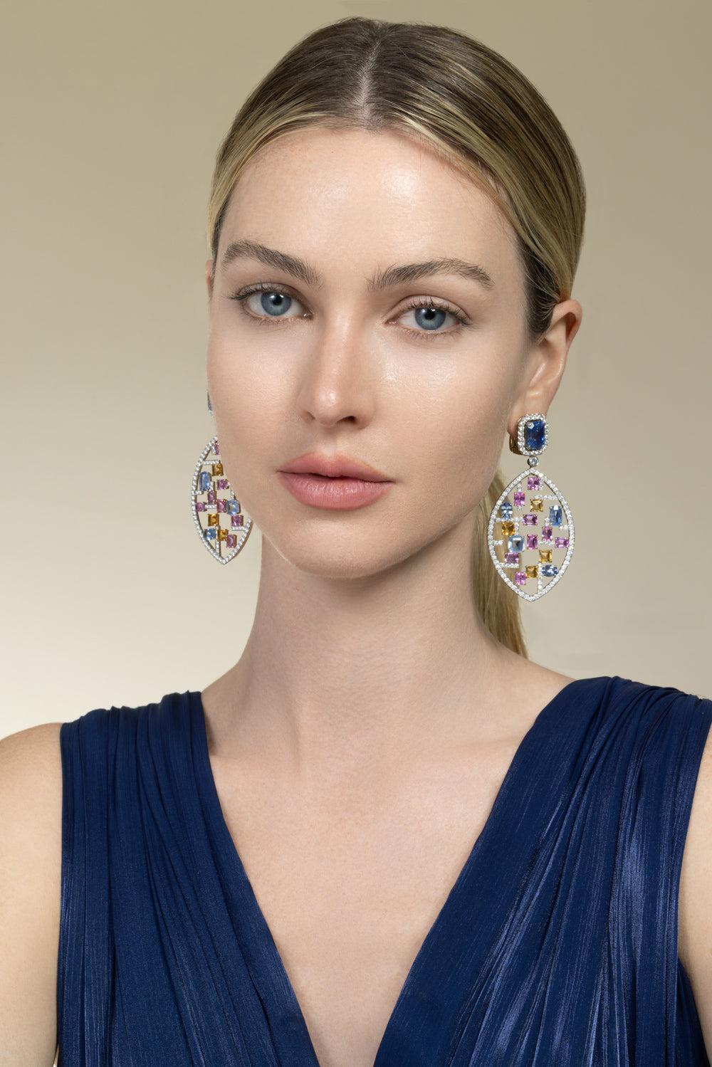 Sapphire Citrine Mondrian Earrings-YELLOW GOLD-JEWELRYFINE JEWELEARRING-DAVID WEBB