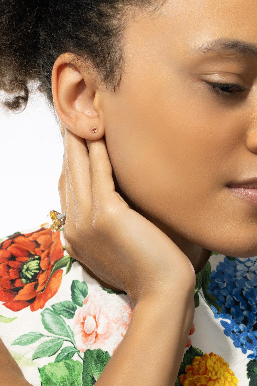 Petite Ruby Lone Burst Stud Earring-YELLOW GOLD-JEWELRYFINE JEWELEARRING-AZLEE