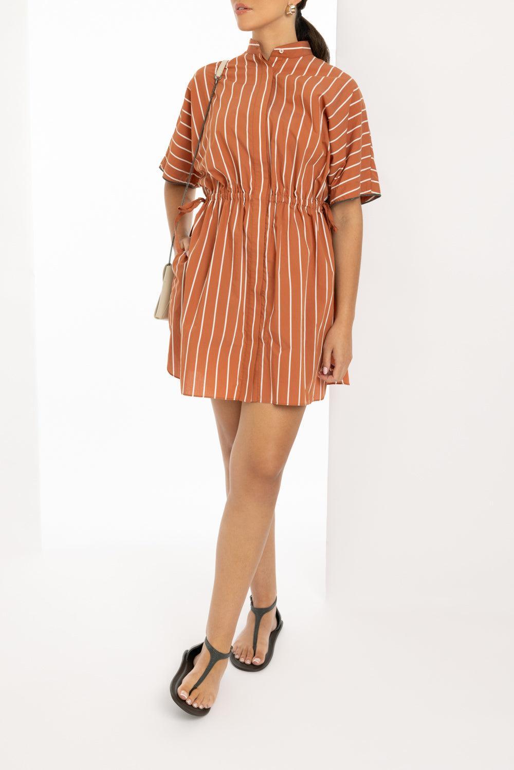 Stripe Cinch Waist Dress-ORAN/PAN-XS-CLOTHINGDRESSCASUAL-BRUNELLO CUCINELLI