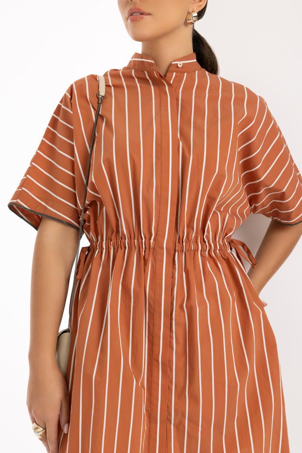 Stripe Cinch Waist Dress-ORAN/PAN-XS-CLOTHINGDRESSCASUAL-BRUNELLO CUCINELLI