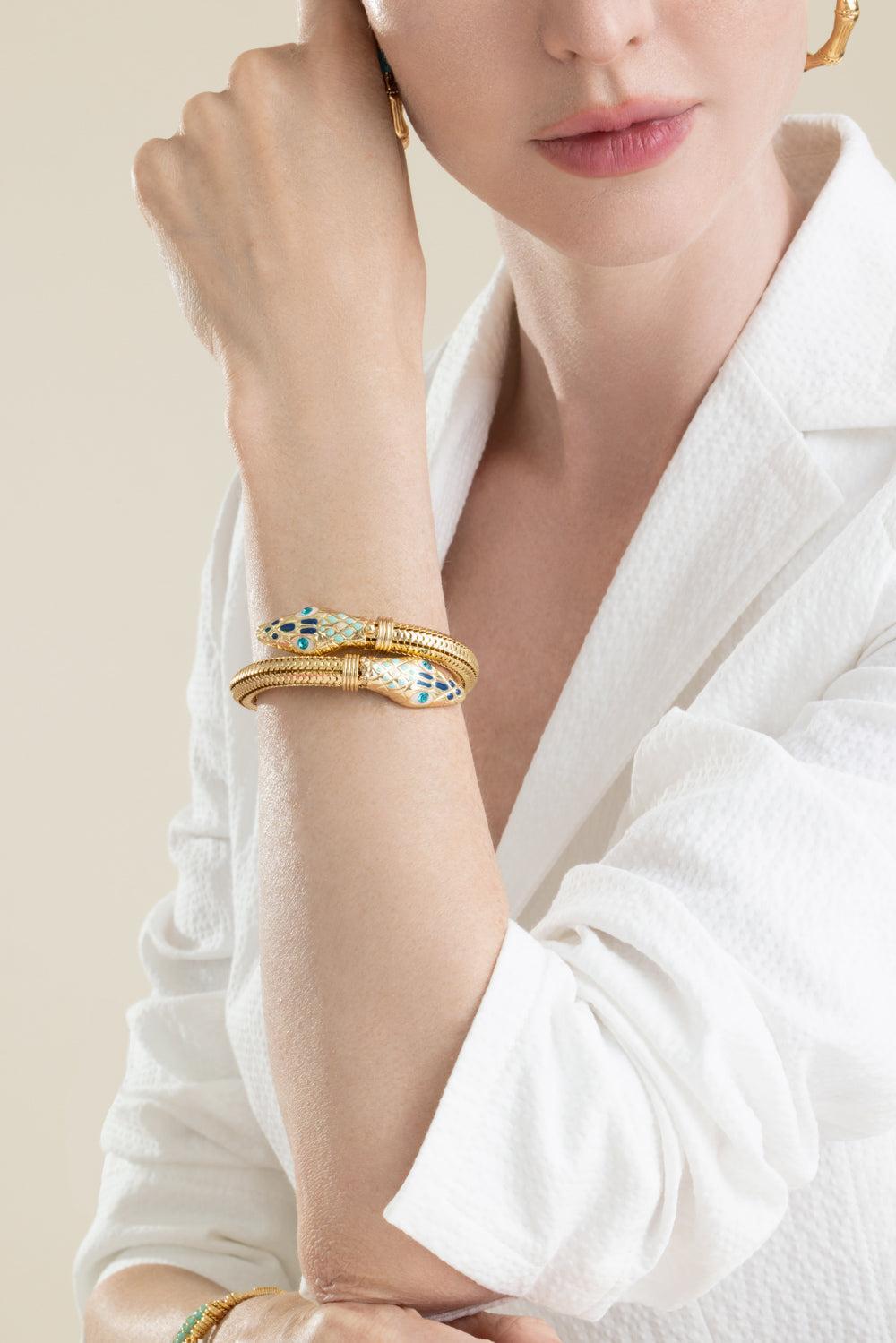 Blue Teal White Cobra Wrap Bracelet-BLUE-JEWELRYBOUTIQUEBRACELET O-GAS BIJOUX