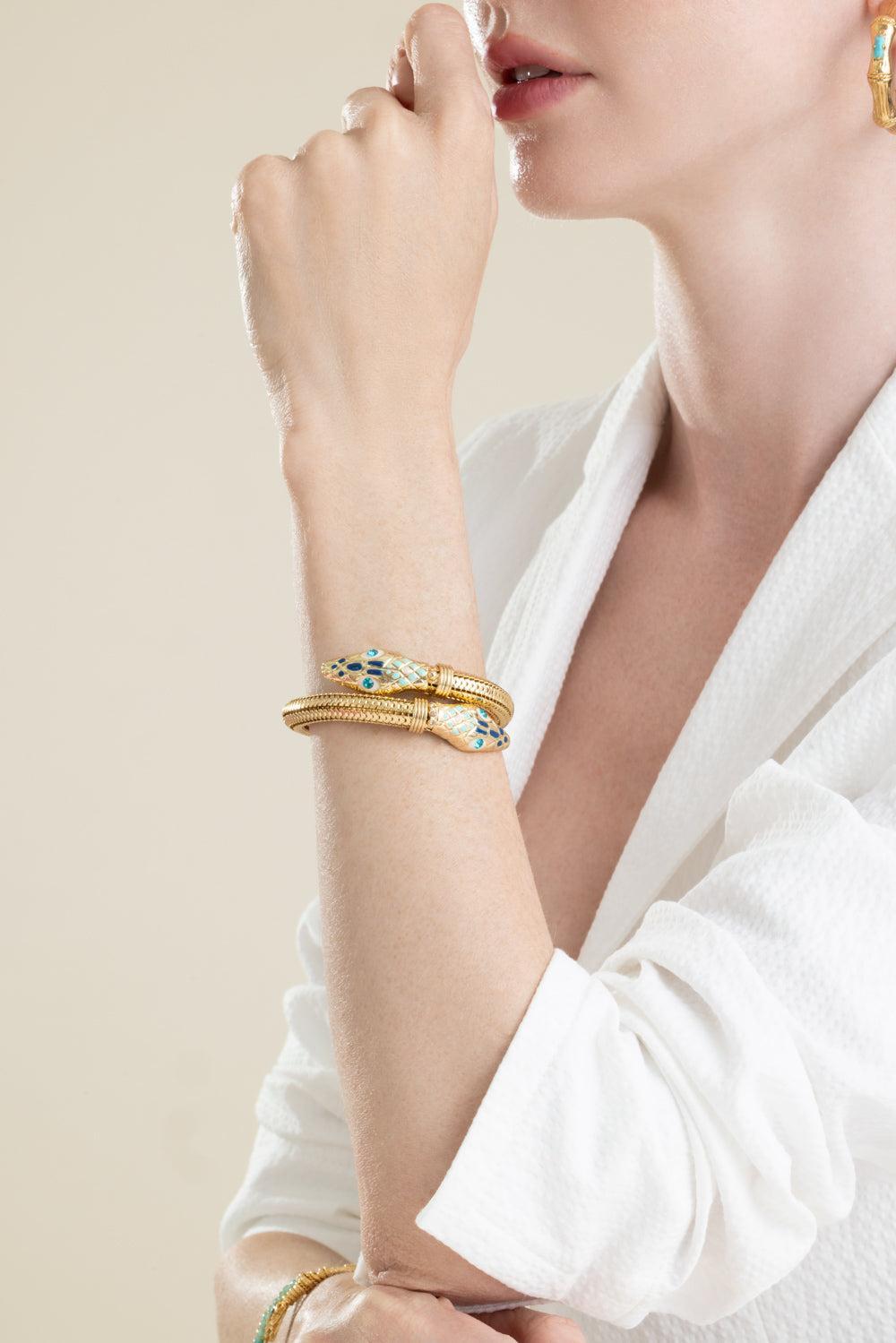 Blue Teal White Cobra Wrap Bracelet-BLUE-JEWELRYBOUTIQUEBRACELET O-GAS BIJOUX