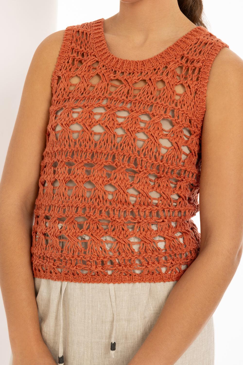 Open Work Knit Vest-TANGERINE-XS-CLOTHINGTOPSWEATER-BRUNELLO CUCINELLI