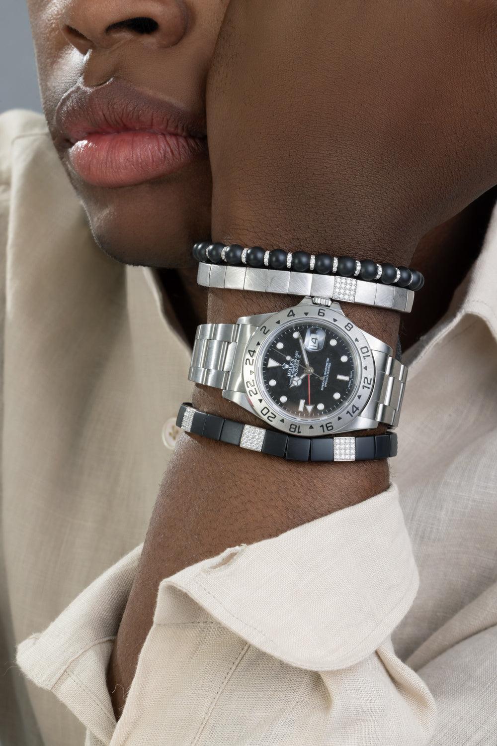 Diamond Seven Section Matte Black Scacco Bracelet-WHITE GOLD-JEWELRYFINE JEWELBRACELET O-ROBERTO DEMEGLIO