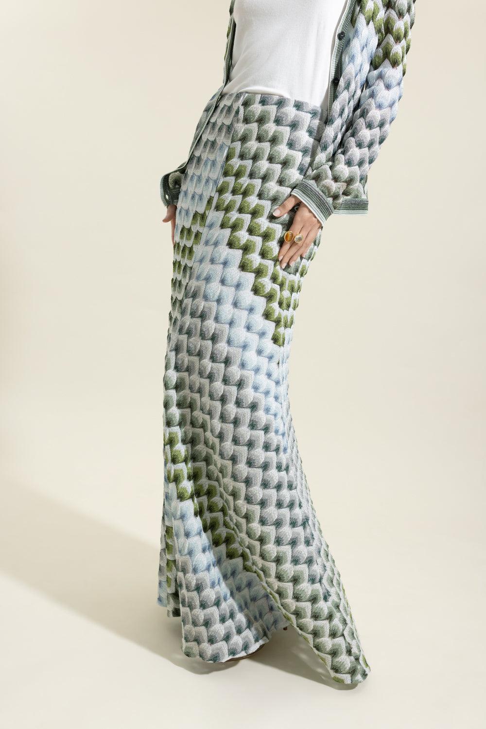Long Knit Skirt - Green Light Blue White-GEOMETRC-40-CLOTHINGSKIRTMAXI-MISSONI