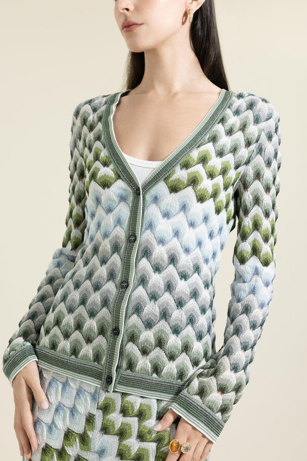 Buttoned Cardigan - Green Light Blue White-GEOMETRC-40-CLOTHINGTOPCARDIGAN-MISSONI