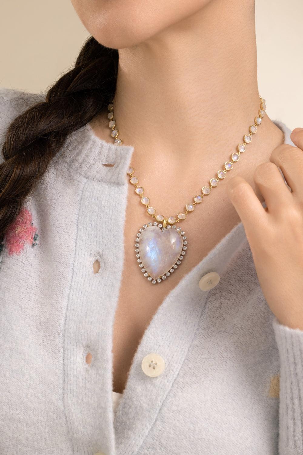 Rainbow Moonstone Diamond Heart Pendant-YELLOW GOLD-JEWELRYFINE JEWELPENDANT-IRENE NEUWIRTH JEWELRY