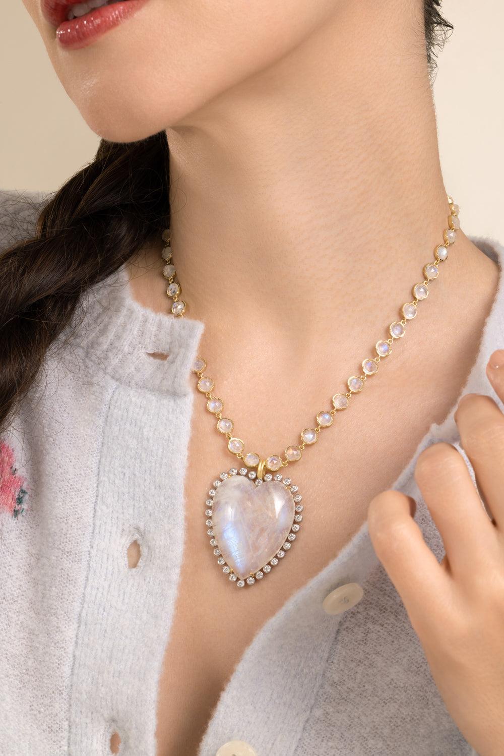Rainbow Moonstone Diamond Heart Pendant-YELLOW GOLD-JEWELRYFINE JEWELPENDANT-IRENE NEUWIRTH JEWELRY
