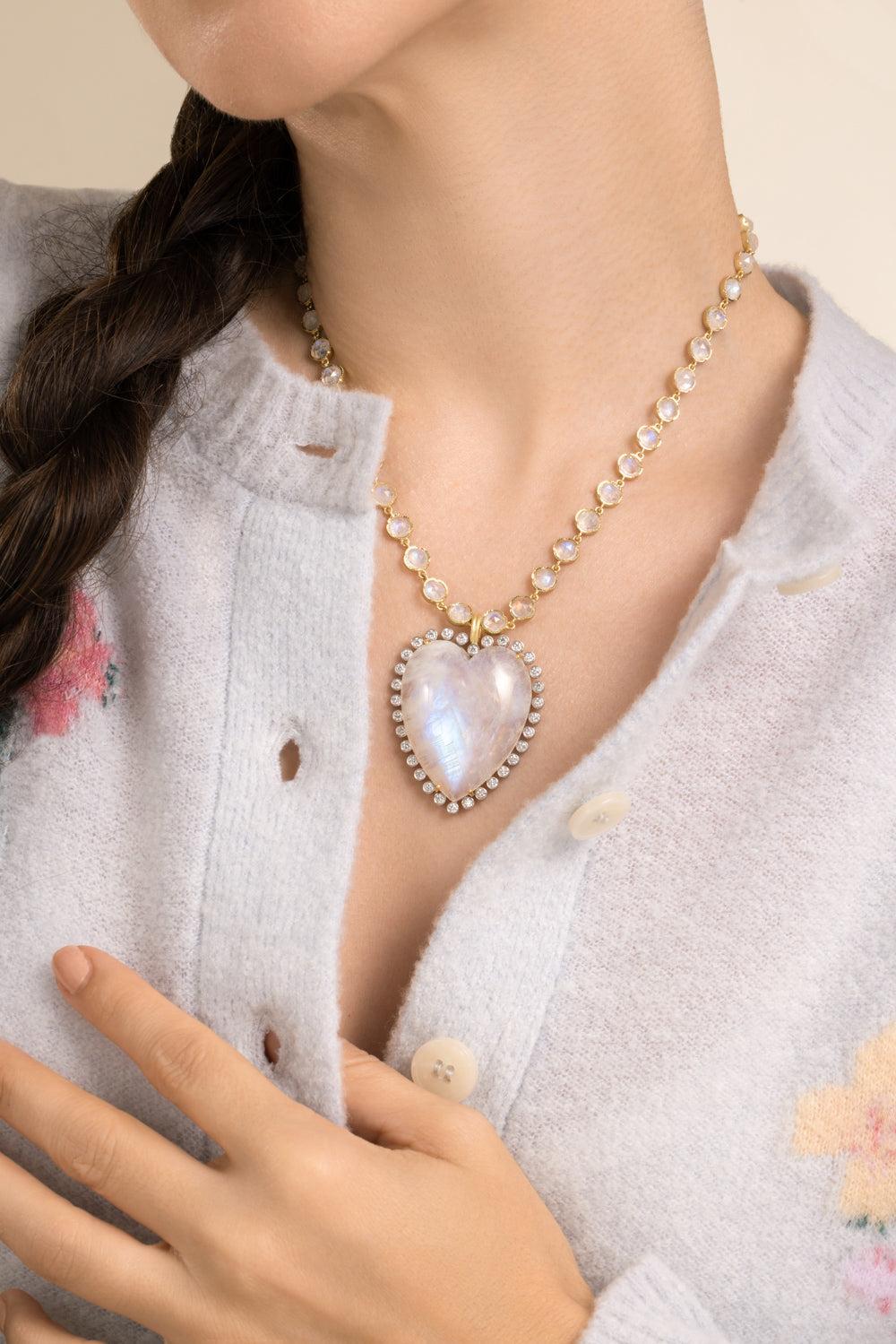 Rainbow Moonstone Diamond Heart Pendant-YELLOW GOLD-JEWELRYFINE JEWELPENDANT-IRENE NEUWIRTH JEWELRY