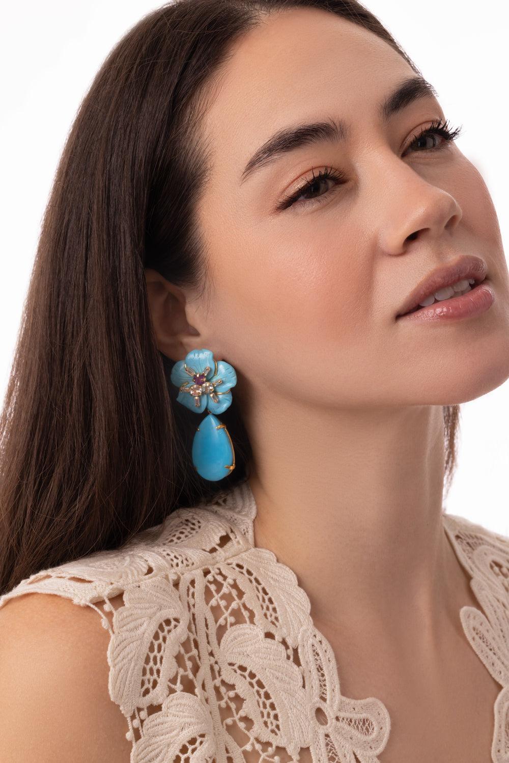 Turquoise Flower Drop Earrings-BLUE-JEWELRYBOUTIQUEEARRING-BOUNKIT JEWELRY