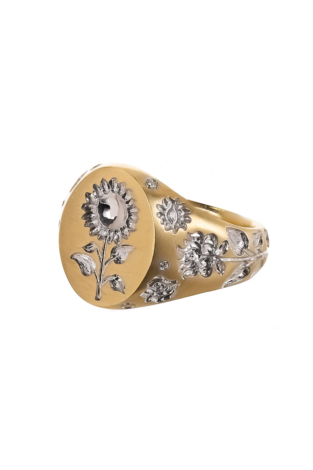 Diamond Mini Sunflower Signet Ring-YELLOW GOLD-4-JEWELRYFINE JEWELRING-CASTRO SMITH