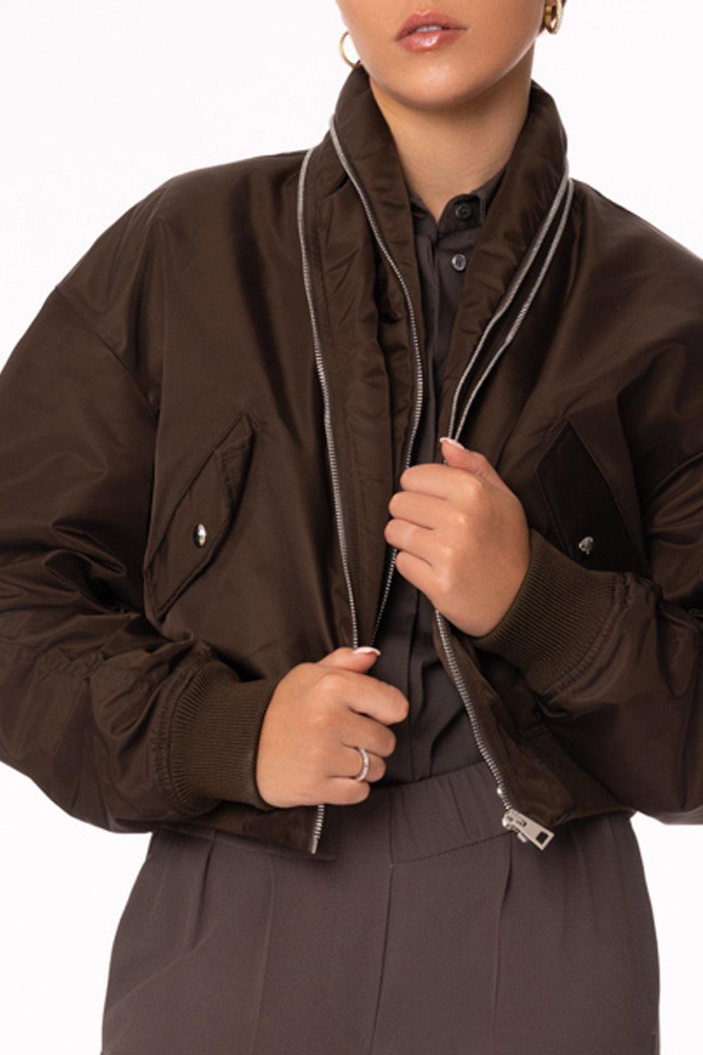 Zipped Shawl Collar Bomber Jacket-BROWN-36-CLOTHINGJACKETCROPPED-GIVENCHY