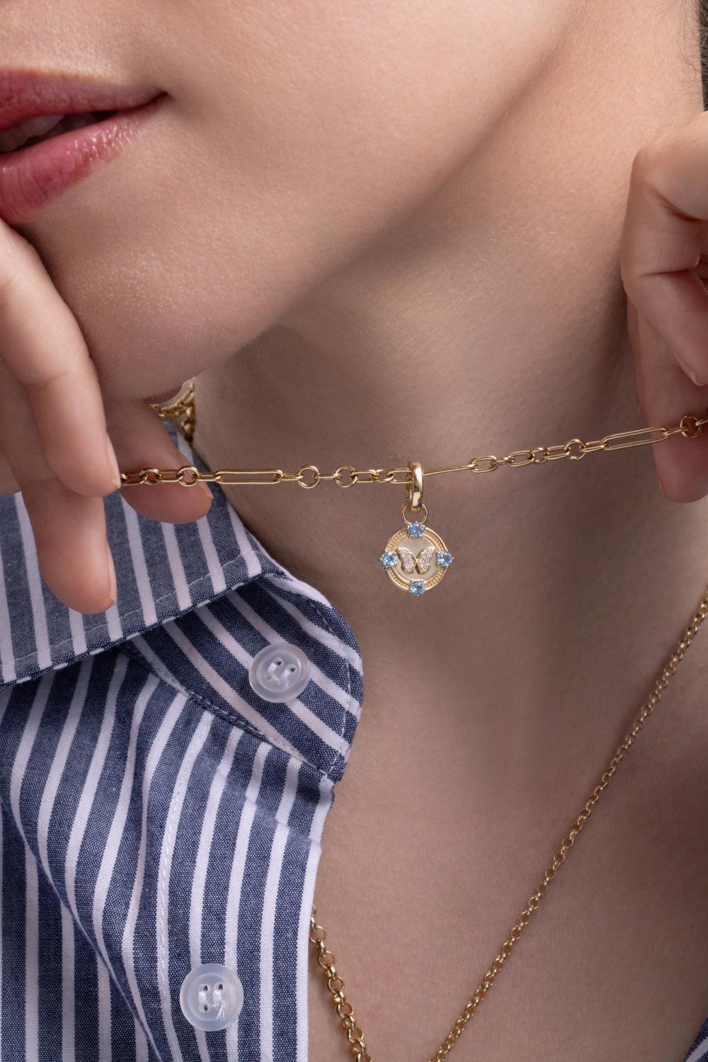 Reverie - Swiss Blue Topaz Miniature Butterfly Gemstone Medallion-YELLOW GOLD-JEWELRYFINE JEWELPENDANT-FOUNDRAE