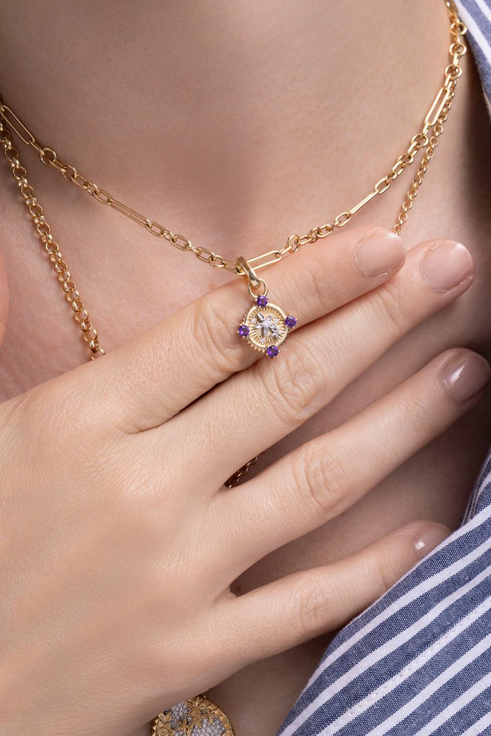 Resilience - Amethyst Miniature Blossoms Gemstone Medallion-YELLOW GOLD-JEWELRYFINE JEWELPENDANT-FOUNDRAE