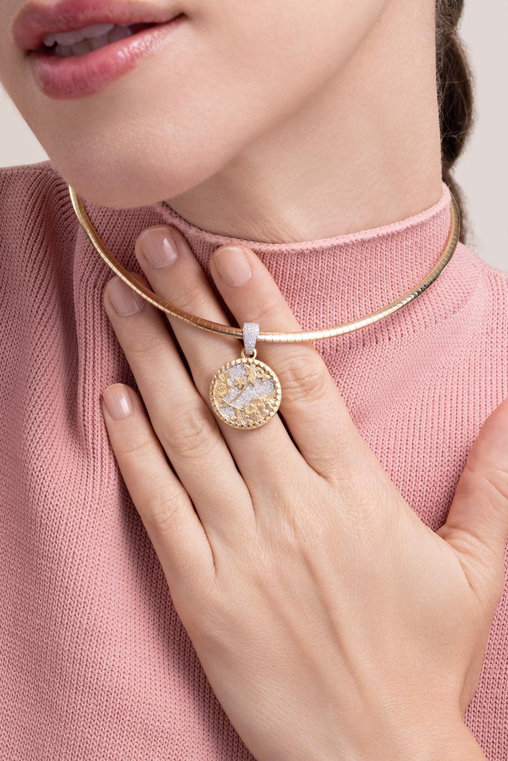 Resilience - Diamond Pavé Small Floral Screen Sleek Collar Necklace-YELLOW GOLD-JEWELRYFINE JEWELNECKLACE O-FOUNDRAE