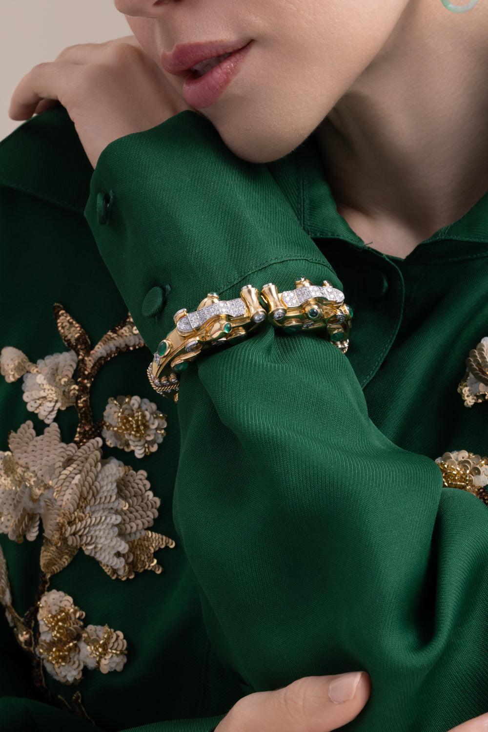 Diamond Emerald Makara Bracelet-YELLOW GOLD-JEWELRYFINE JEWELBRACELET O-DAVID WEBB