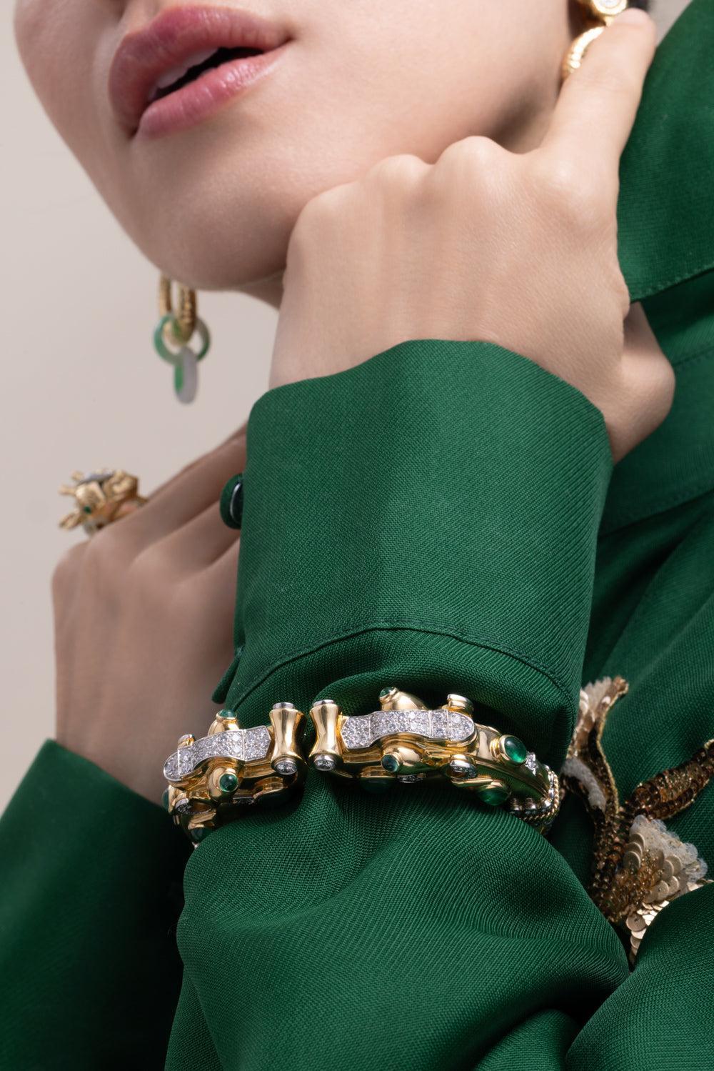 Diamond Emerald Makara Bracelet-YELLOW GOLD-JEWELRYFINE JEWELBRACELET O-DAVID WEBB