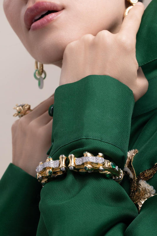 Diamond Emerald Makara Bracelet-YELLOW GOLD-JEWELRYFINE JEWELBRACELET O-DAVID WEBB
