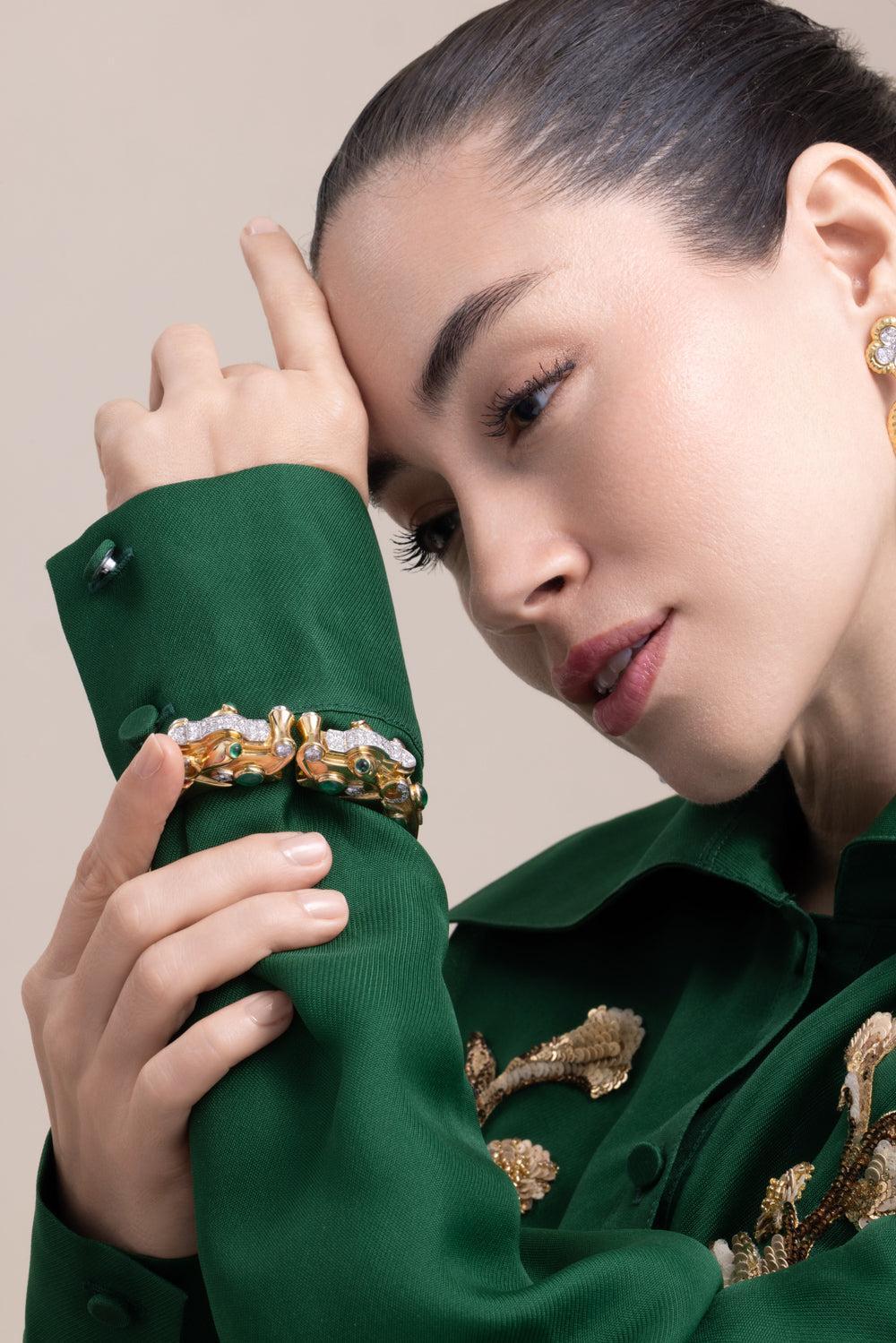 Diamond Emerald Makara Bracelet-YELLOW GOLD-JEWELRYFINE JEWELBRACELET O-DAVID WEBB