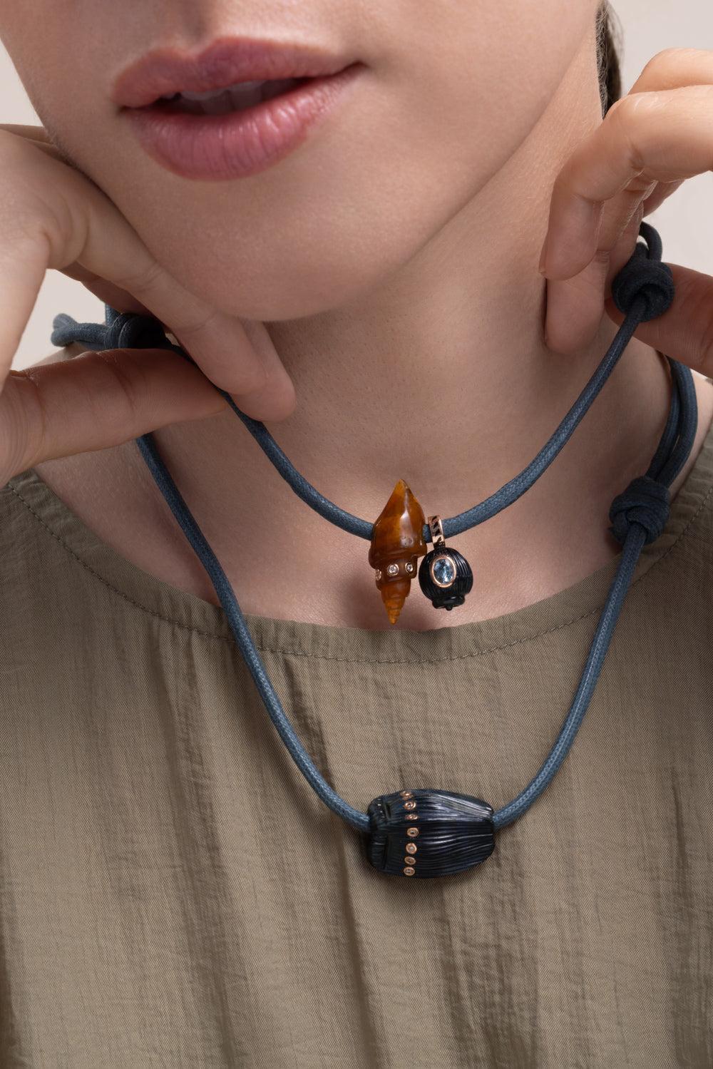 Blue Tiger Eye Aquamarine Carved Coquito Necklace-ROSE GOLD-JEWELRYFINE JEWELNECKLACE O-DEZSO BY SARA BELTRAN