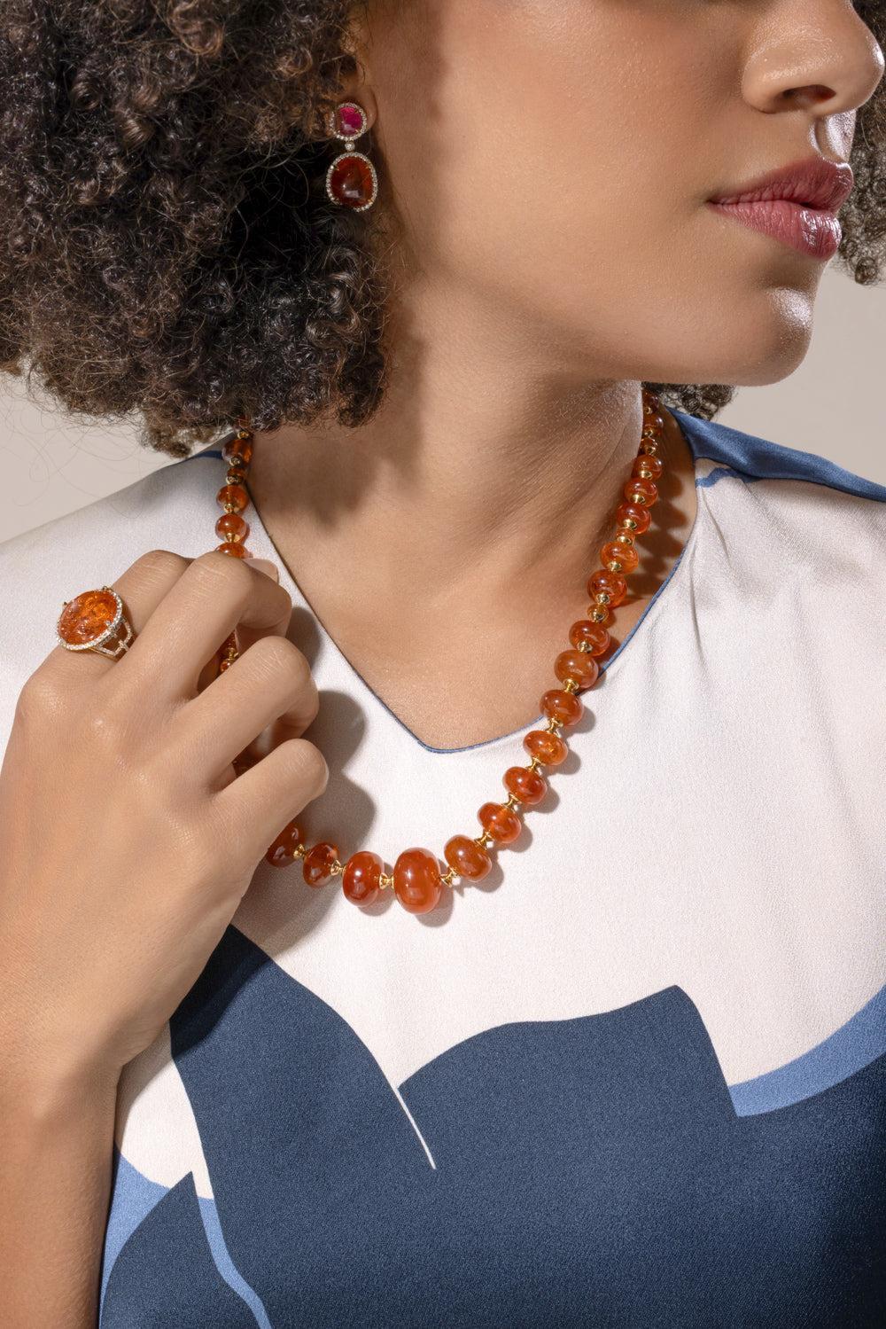 Mandarin Garnet Beaded Necklace-YELLOW GOLD-19-JEWELRYFINE JEWELNECKLACE O-GOSHWARA