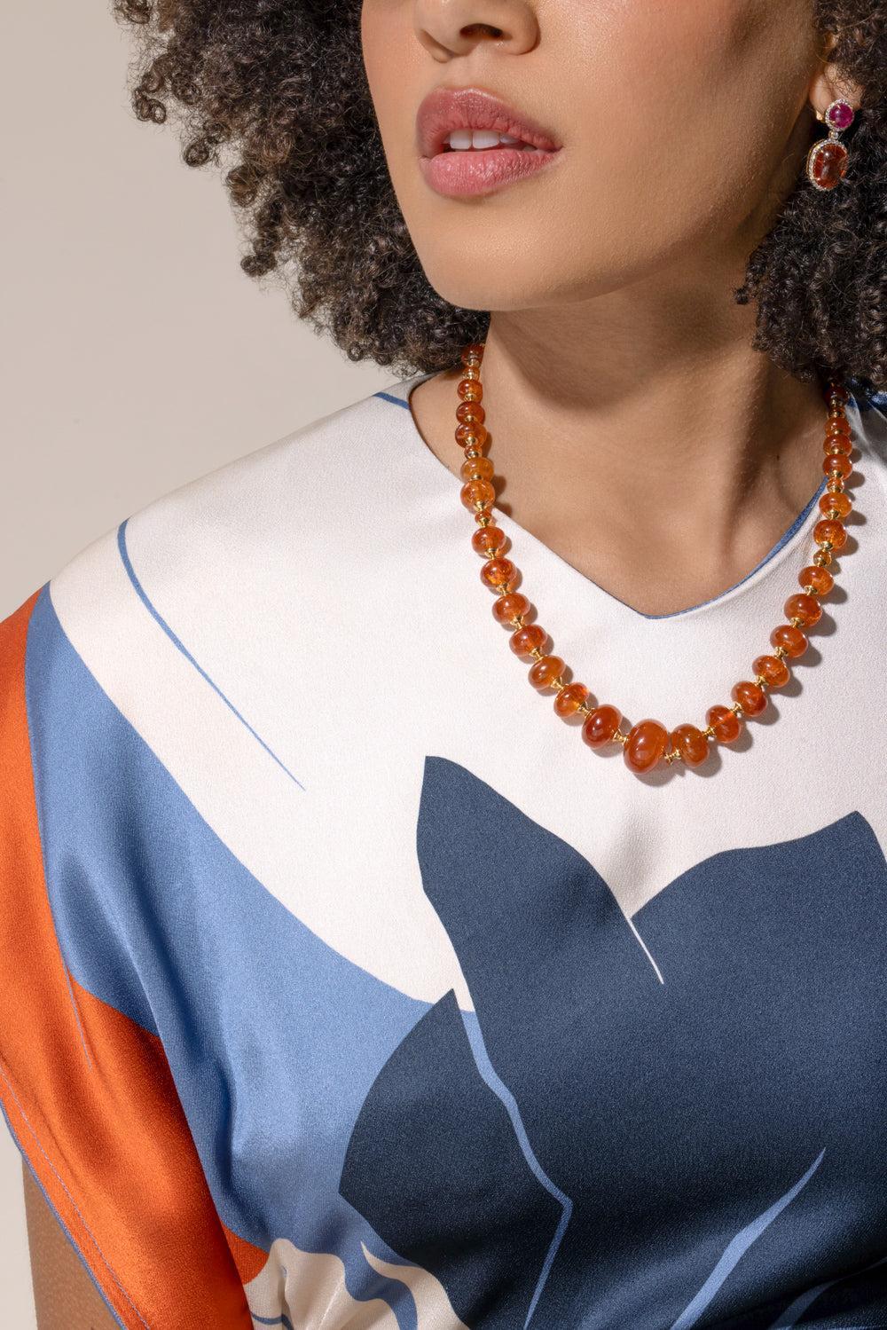 Mandarin Garnet Beaded Necklace-YELLOW GOLD-19-JEWELRYFINE JEWELNECKLACE O-GOSHWARA