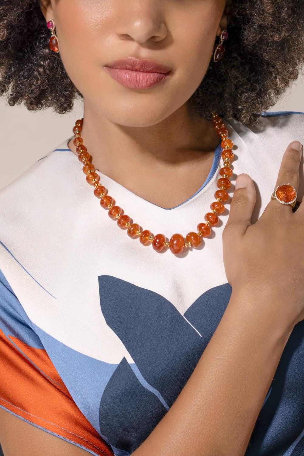 Mandarin Garnet Beaded Necklace-YELLOW GOLD-19-JEWELRYFINE JEWELNECKLACE O-GOSHWARA