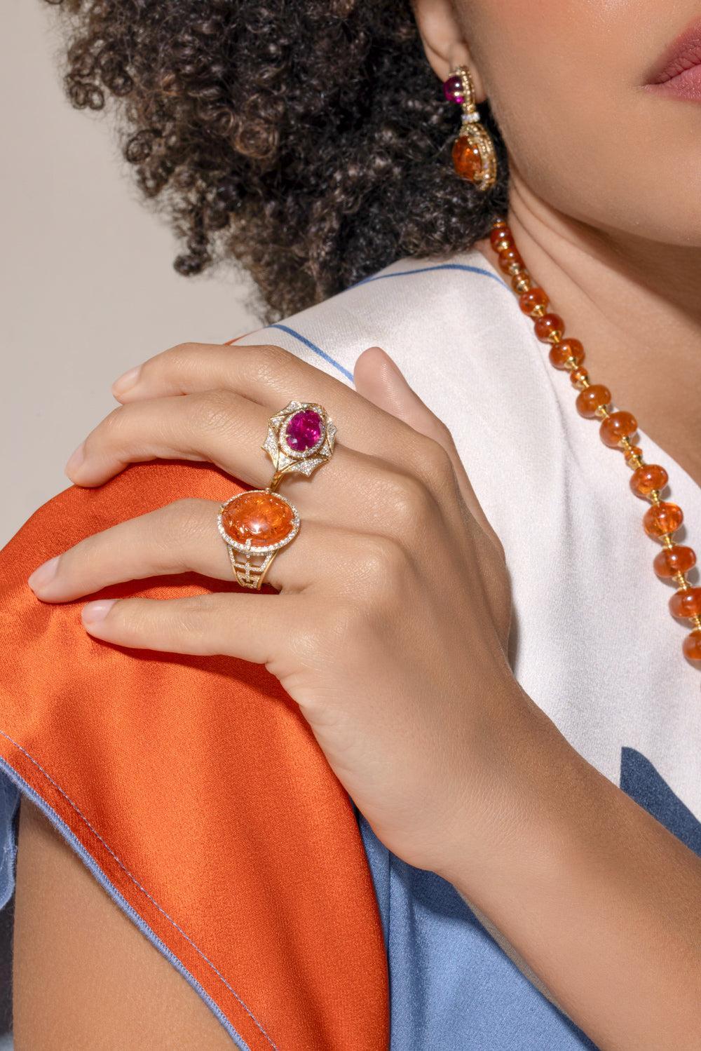 Pink Tourmaline East-West Web Ring-YELLOW GOLD-7-JEWELRYFINE JEWELRING-GOSHWARA