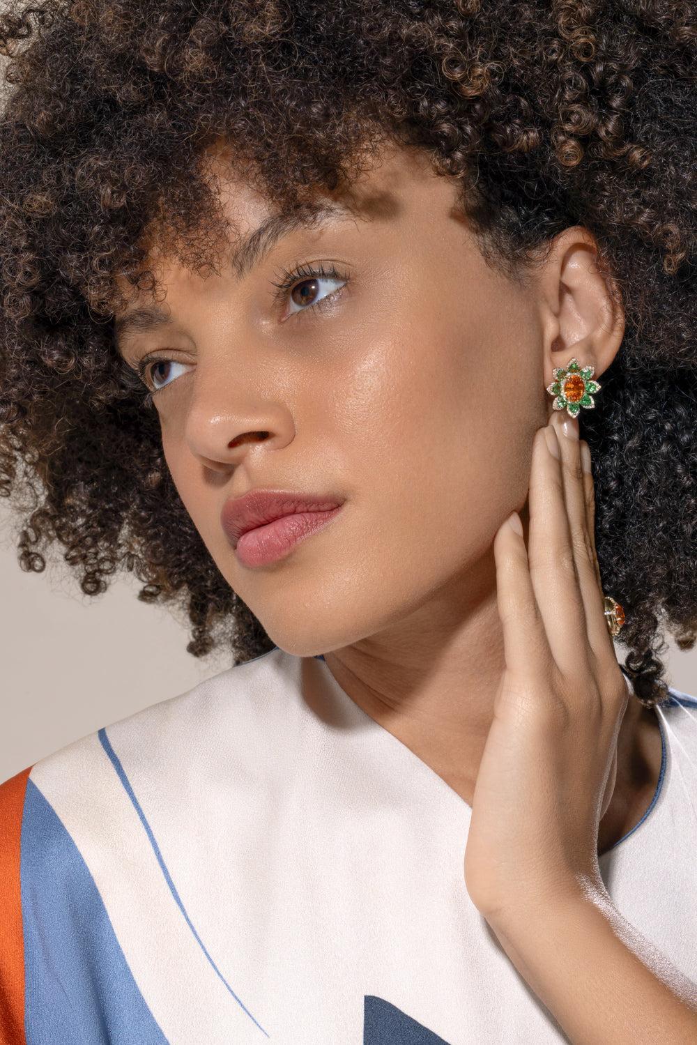 Mandarin Garnet Tsavorite Flower Stud Earrings-YELLOW GOLD-JEWELRYFINE JEWELEARRING-GOSHWARA